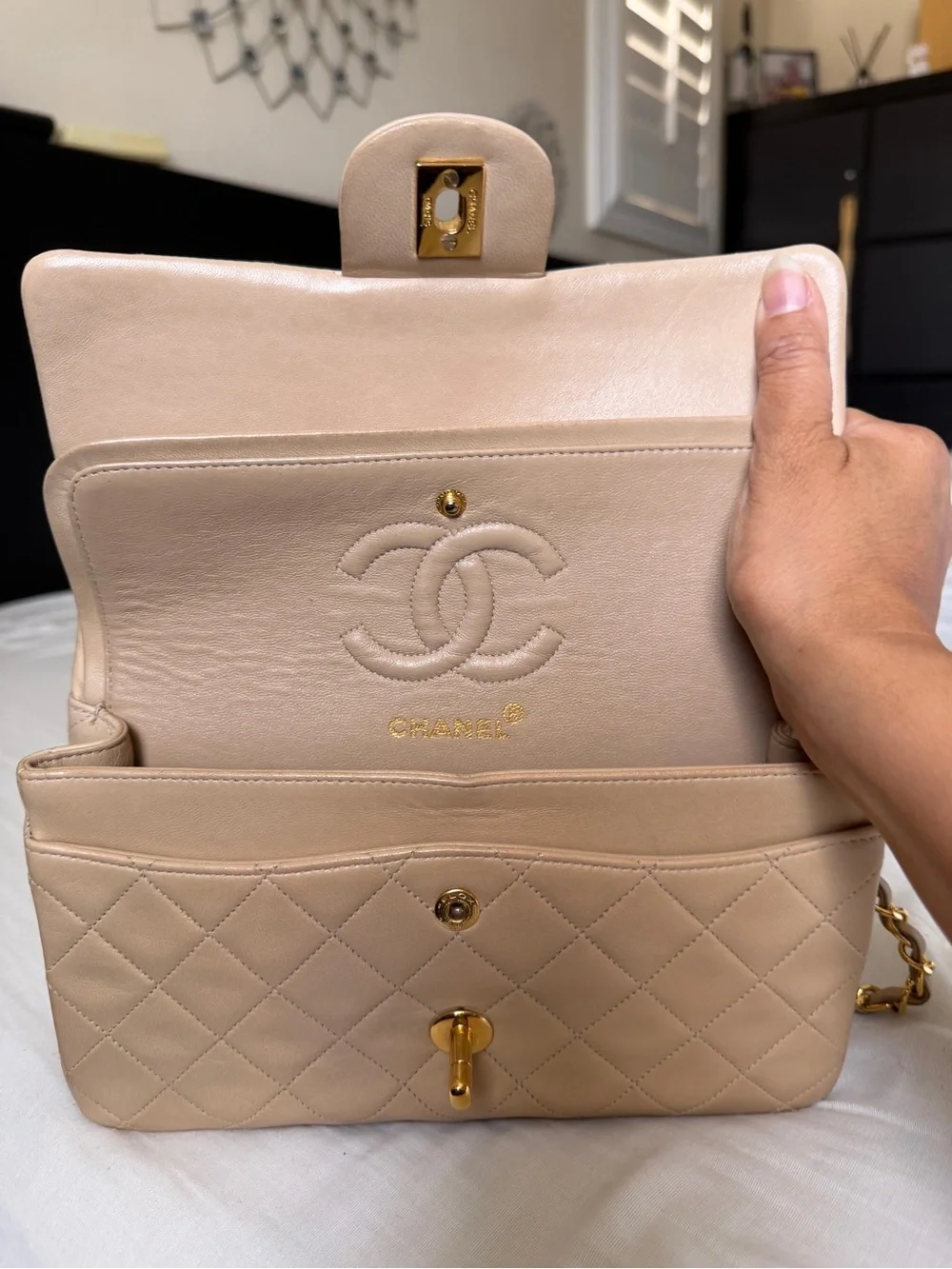 VIntage CHANEL Quilted Double Flap Shoulder Bag in Beige with Gold Hardware